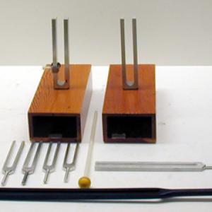 Hook the microphone into the pre-amp and the pre-amp into the oscilloscope. Set the microphone into the resonance box of the tuning fork. When the tuning fork mounted on the box is struck the sinusoidal properties of the waveform are shown on the oscilloscope.  The tuning forks without the box will not display pure sinusoidal waves. 