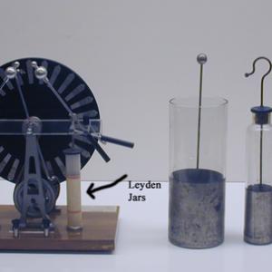 Connect the Leyden Jars either to the Van de Graaff or the Wimshurst and charge.  When touching the inner and outer conductors together after charging, a spark or shock should be produced.