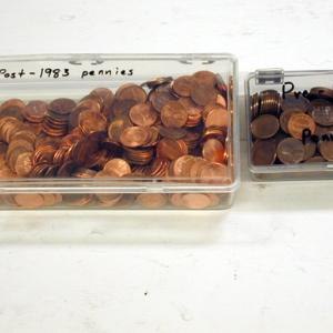Pre-1982 pennies have a mass of about 3.10 grams.  The post-1983 pennies will have a mass of about 2.51 grams.  Place some of each kind of penny into a container and weigh.  Formulate a procedure to determine the amount of each isotope present. 