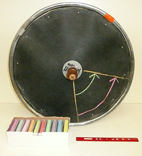 Bicycle wheel with black cover over the spokes, chalk, ruler