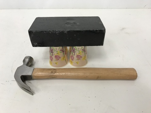 hammer, 4 cups, lead brick