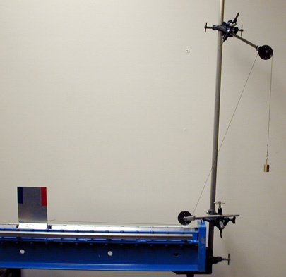 Air track, pulley system on vertical stand, weights, string
