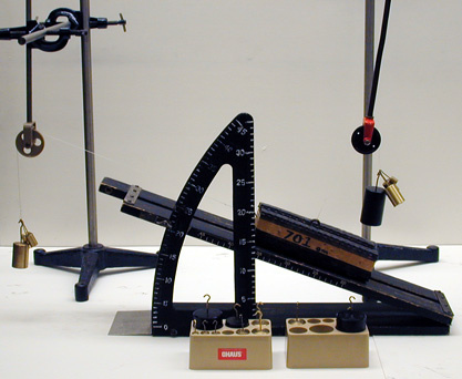 Inclined Plane, friction block, mass sets, and pulleys