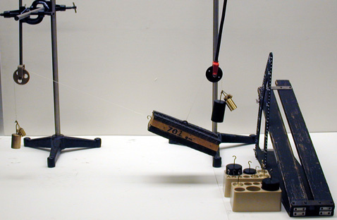 Inclined Plane, friction block, mass sets, and pulleys.