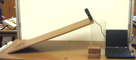 Inclined plane, Motion Sensor, Interface and Computer, stop block