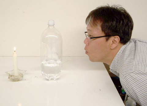 Candle in holder and 2 L Soda Bottle
