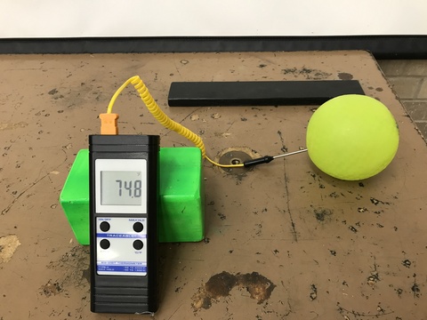 Ball with Inserted Thermocouple Probe, Long Flat Board, Digital Thermometer.