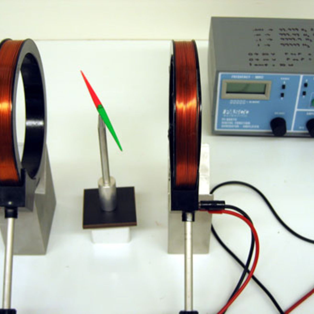 setup for chaos motor demo,Compass, Helmholtz Coils, Pasco Wave Generator, Chaos Motor Unit